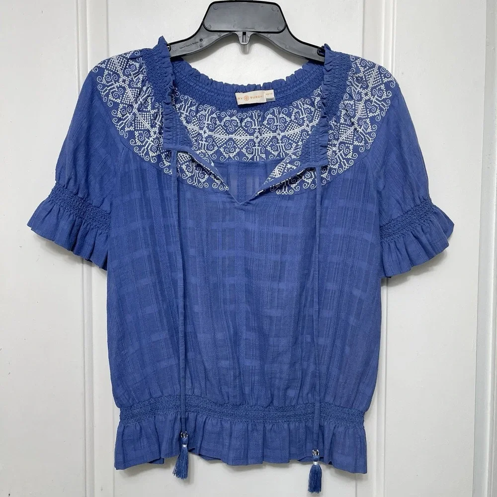 Tory Burch Nina Embroidered Peasant Short Sleeve Blouse in Blue Size XS - Picture 3 of 9